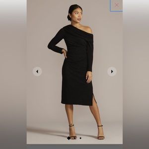 NWT! Black Midi Dress with Asymmetrical Neckline and Ruching at Waist